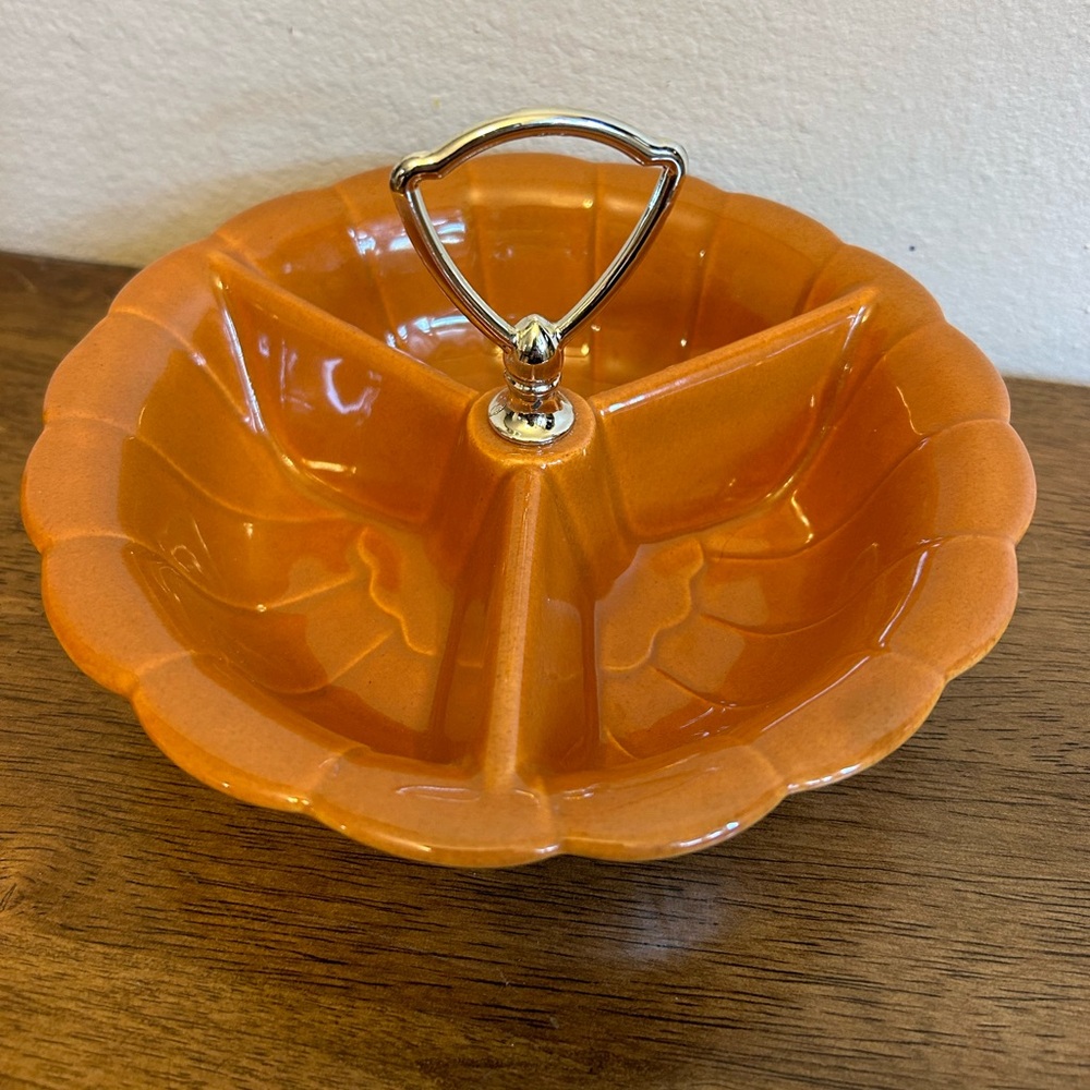 Vintage California Pottery Burnt Orange Ceramic 3 Compartment Candy Nut Dish